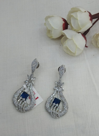 Silver Cubic Zirconia Diamond Kiran Earrings Blue