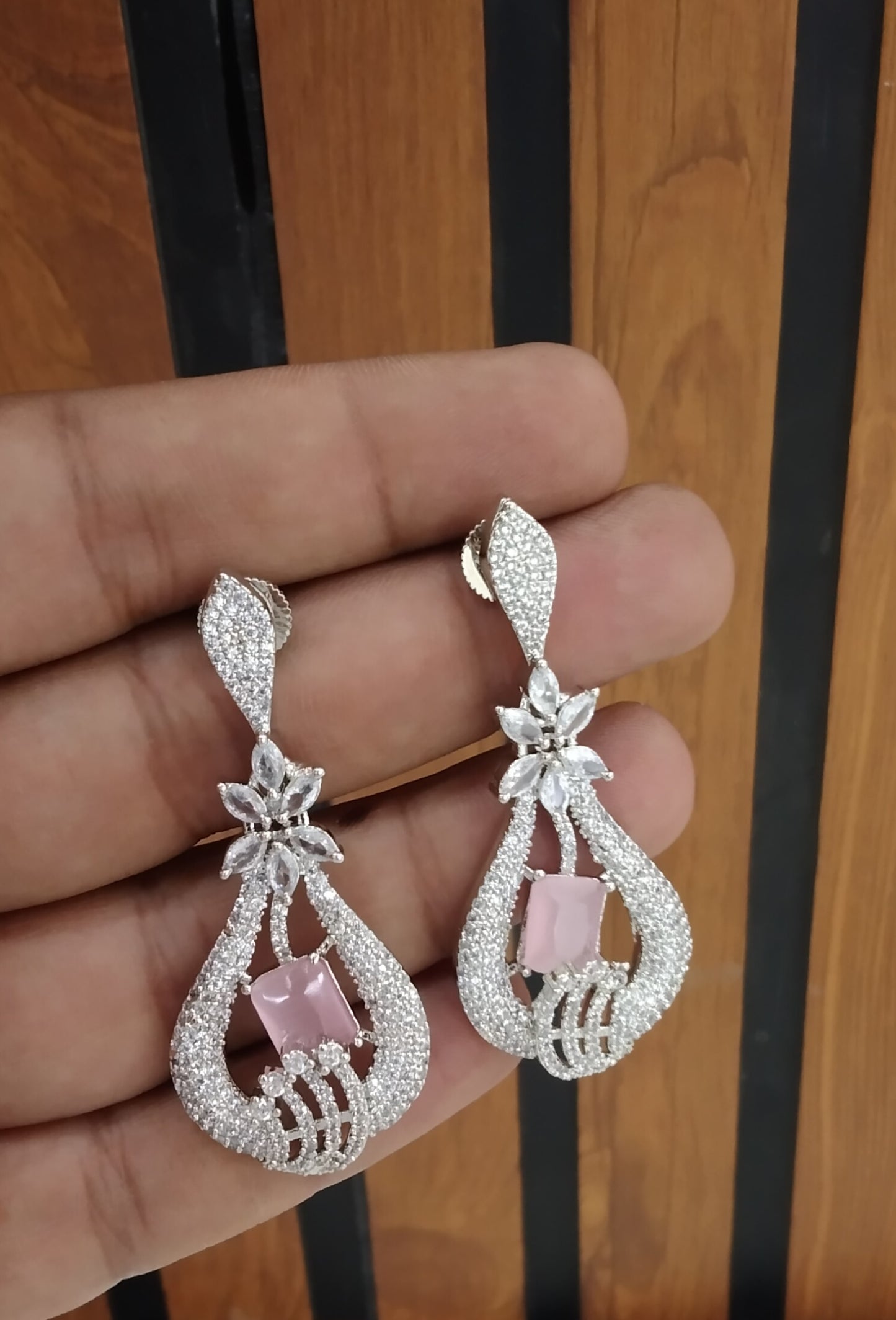 Silver Cubic Zirconia Diamond Kiran Earrings Pink