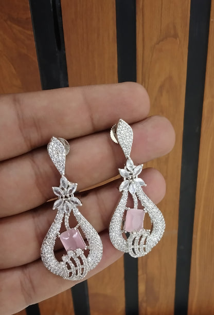 Silver Cubic Zirconia Diamond Kiran Earrings Pink