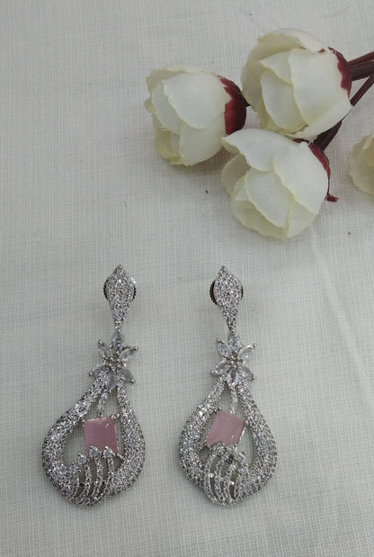 Silver Cubic Zirconia Diamond Kiran Earrings Pink