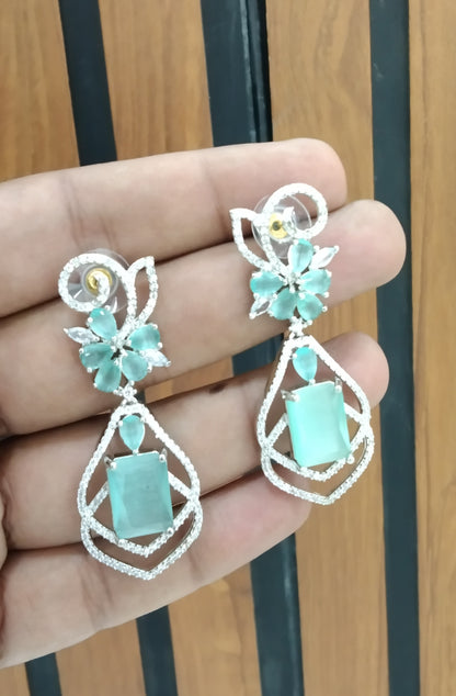 Silver Cubic Zirconia Diamond Kiran Earrings Sea Green