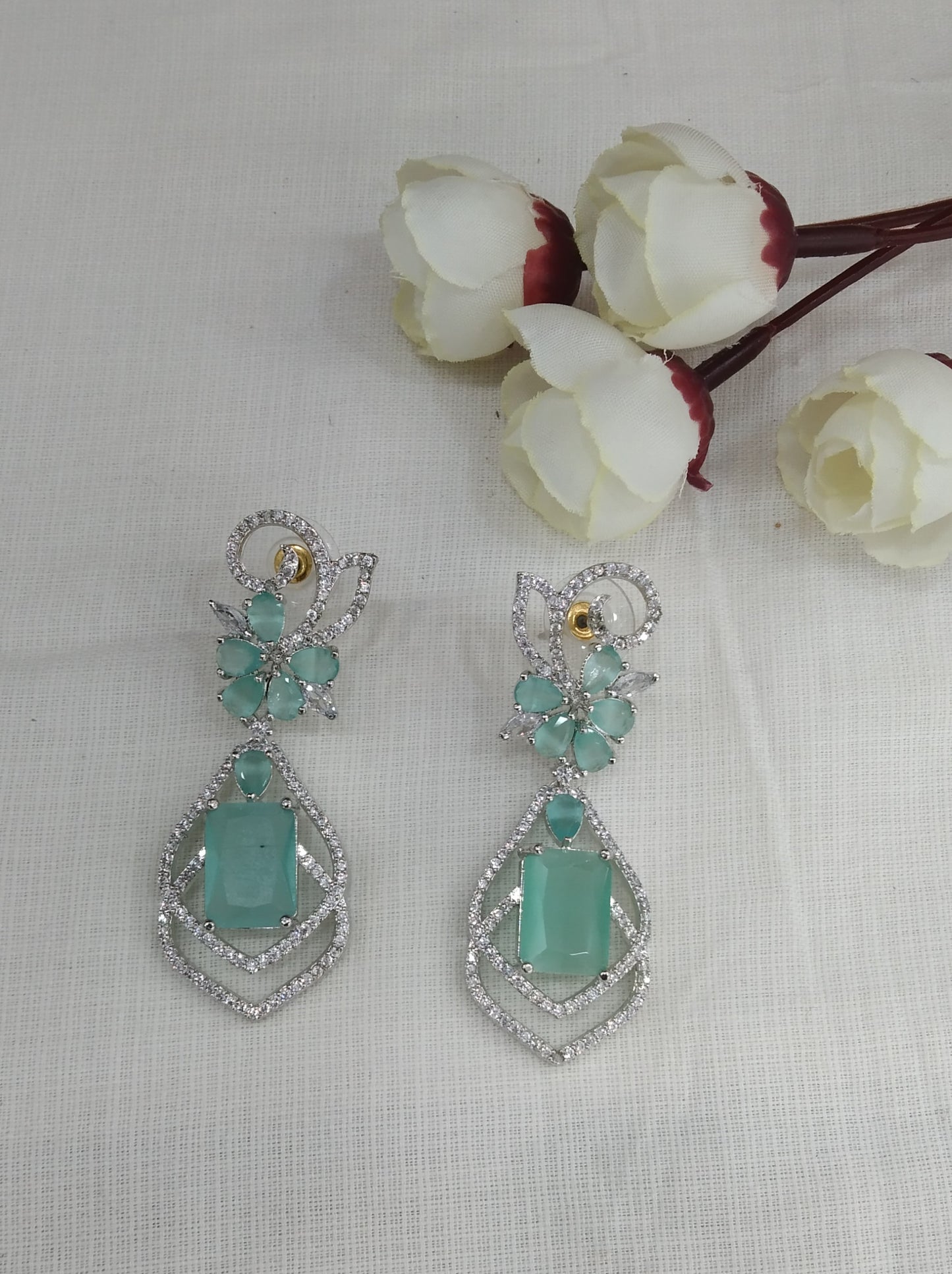 Silver Cubic Zirconia Diamond Kiran Earrings Sea Green