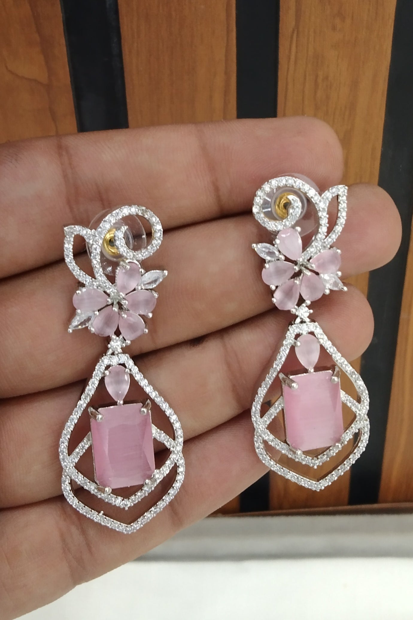 Silver Cubic Zirconia Diamond Kiran Earrings Pink