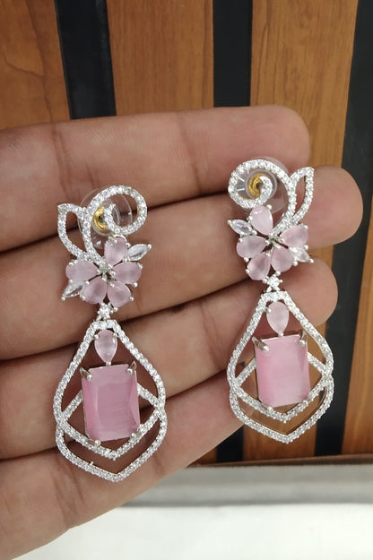 Silver Cubic Zirconia Diamond Kiran Earrings Pink