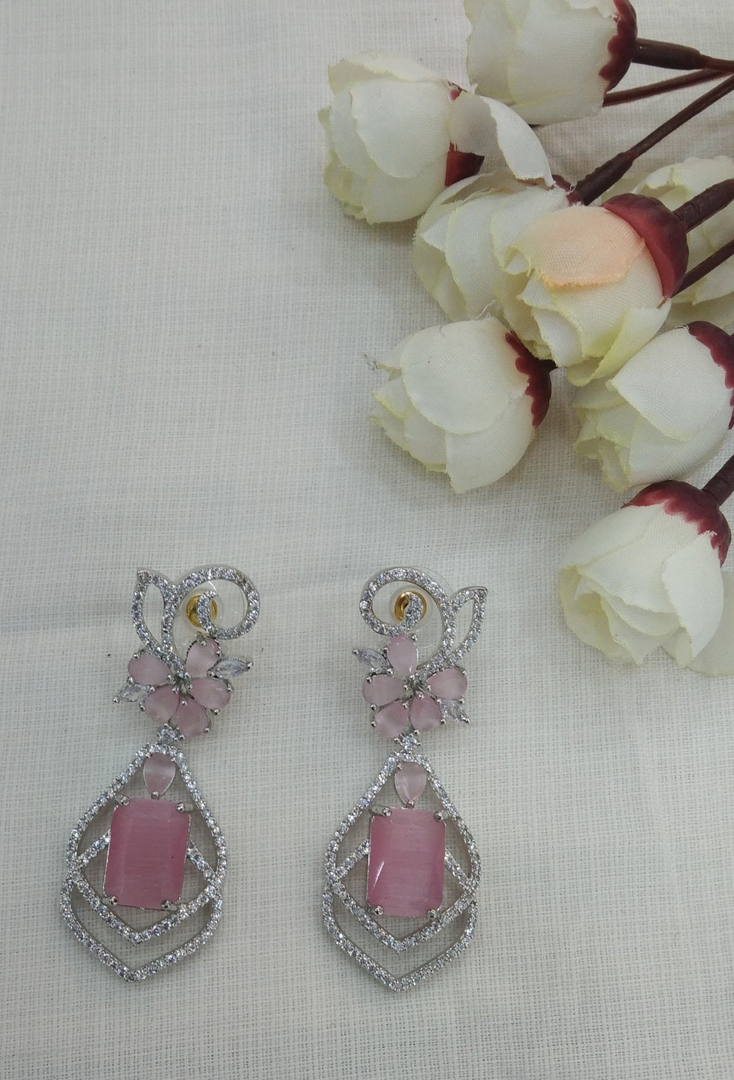 Silver Cubic Zirconia Diamond Kiran Earrings Pink