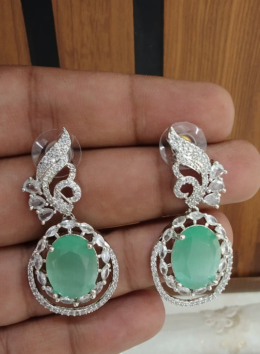 Sea Green Silver Cubic Zirconia Diamond Kiran Earrings