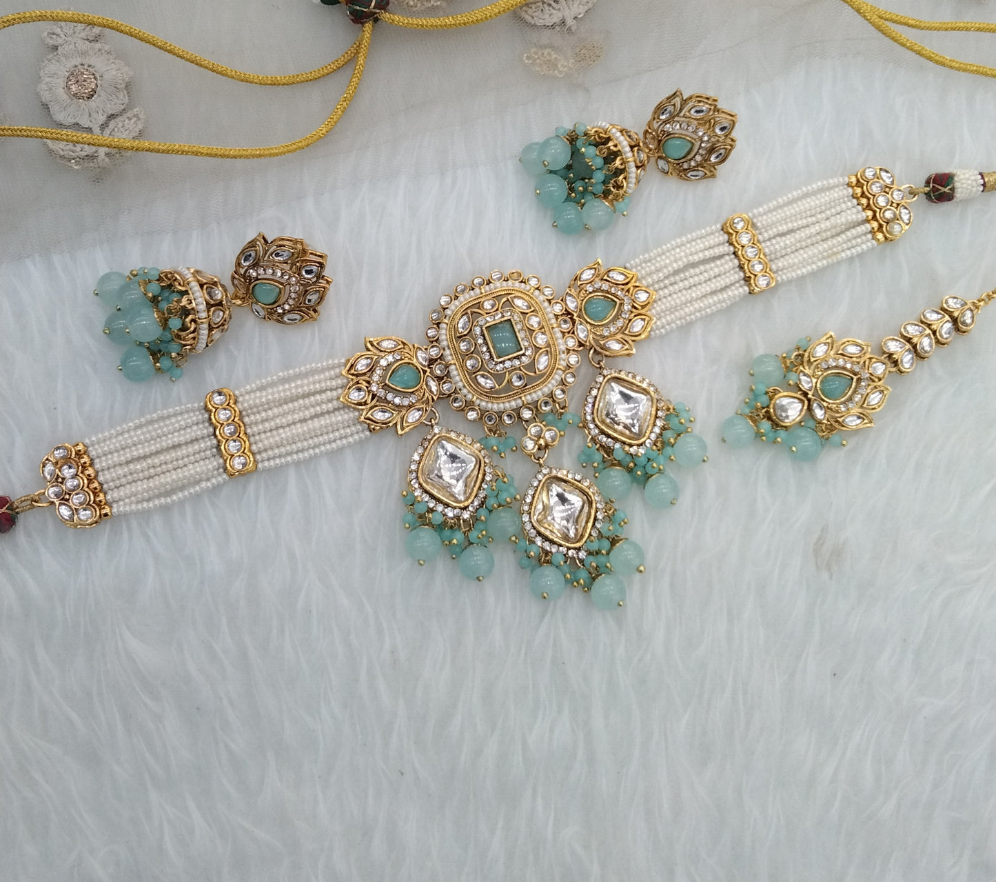 Sky Blue Indian Jewellery  Kundan choker Hanshal Set