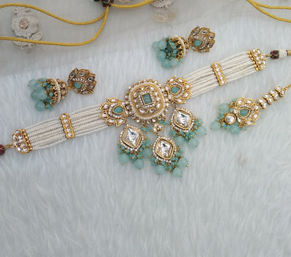 Sky Blue Indian Jewellery  Kundan choker Hanshal Set