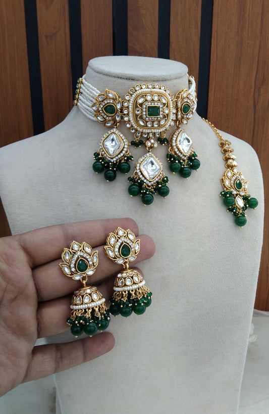 Green Indian Jewellery  Kundan choker Hanshal Set