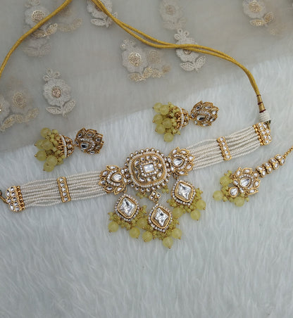 Yellow Indian Jewellery  Kundan choker Hanshal Set