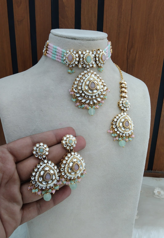 Mint Pink Indian Jewellery  Kundan choker Farhad Set