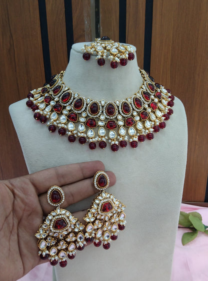 Maroon Kundan Necklace Jewellery Jiyaan Set