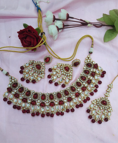 Maroon Kundan Necklace Jewellery Jiyaan Set