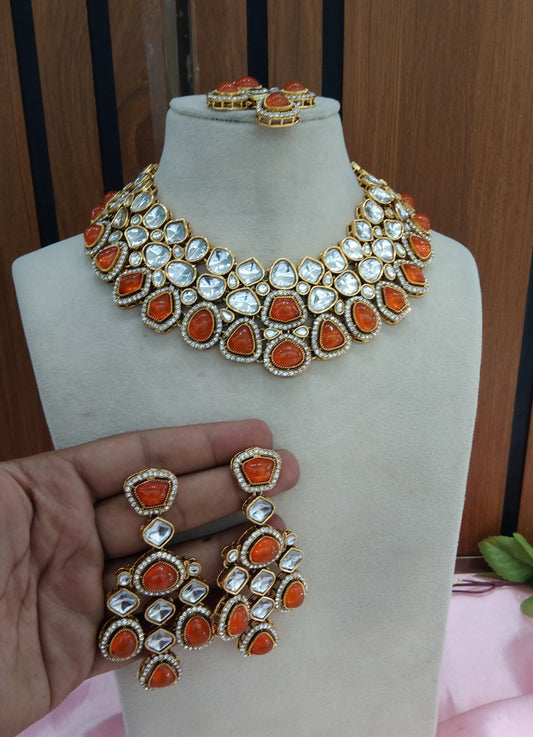 Orange Kundan Necklace Jewellery Evan Set