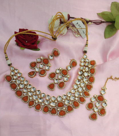 Orange Kundan Necklace Jewellery Evan Set