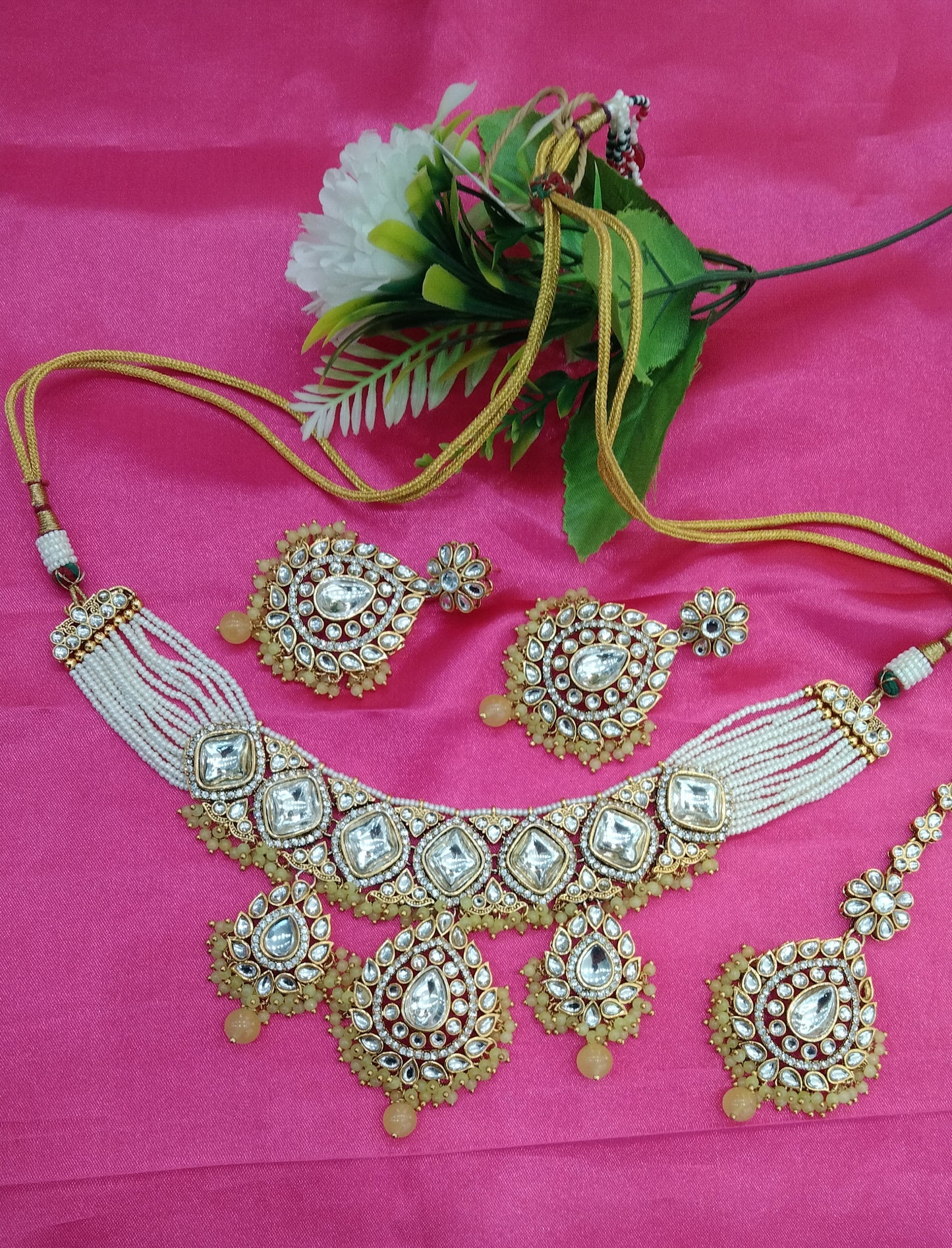 Yellow Kundan Necklace Jewellery Rose Set