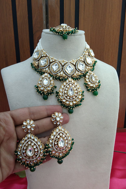 Green Kundan Necklace Jewellery Rose Set