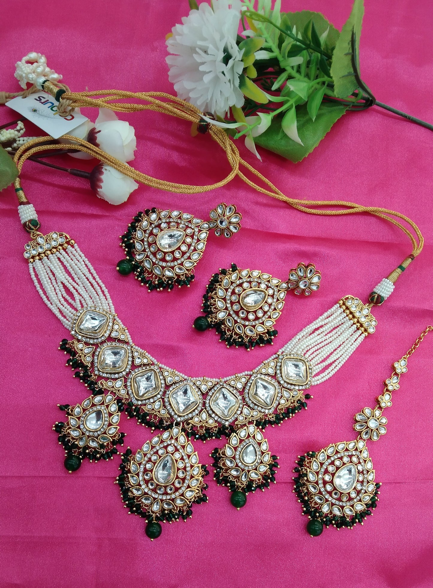 Green Kundan Necklace Jewellery Rose Set