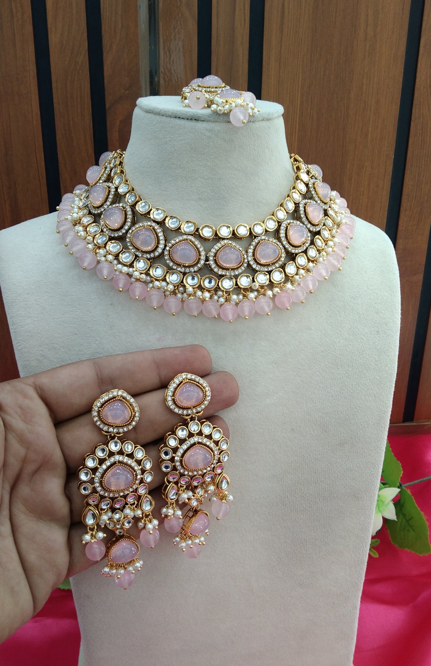 Baby Pink Kundan Necklace Jewellery ekadath Set