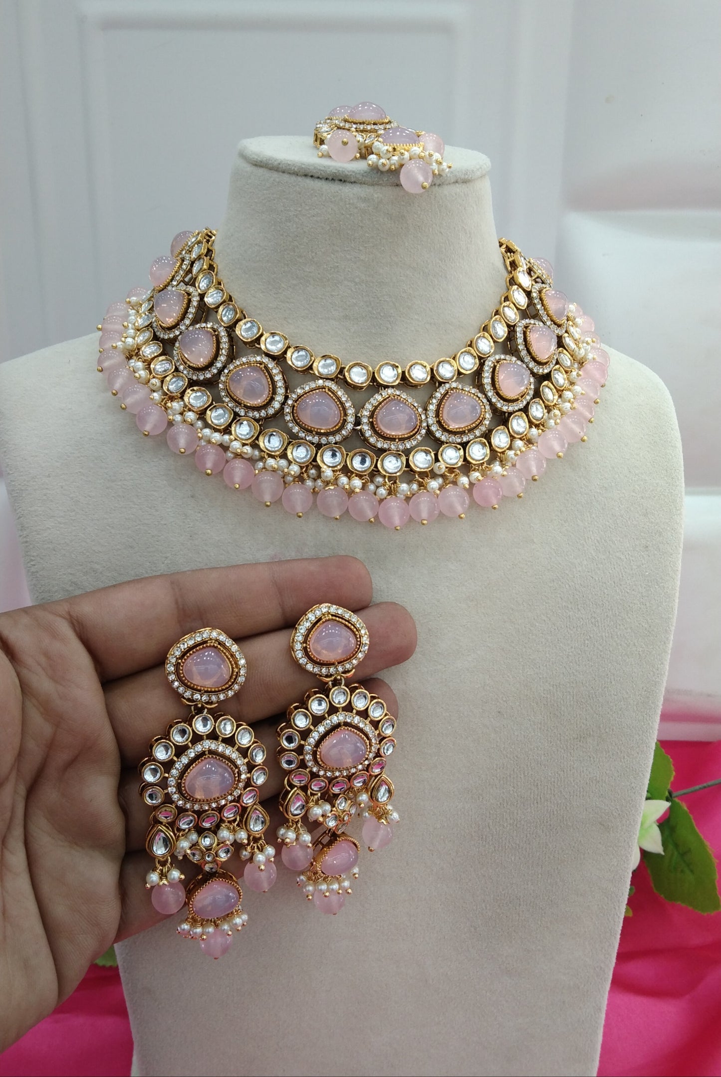 Pink Kundan Necklace Jewellery Ehimay Set