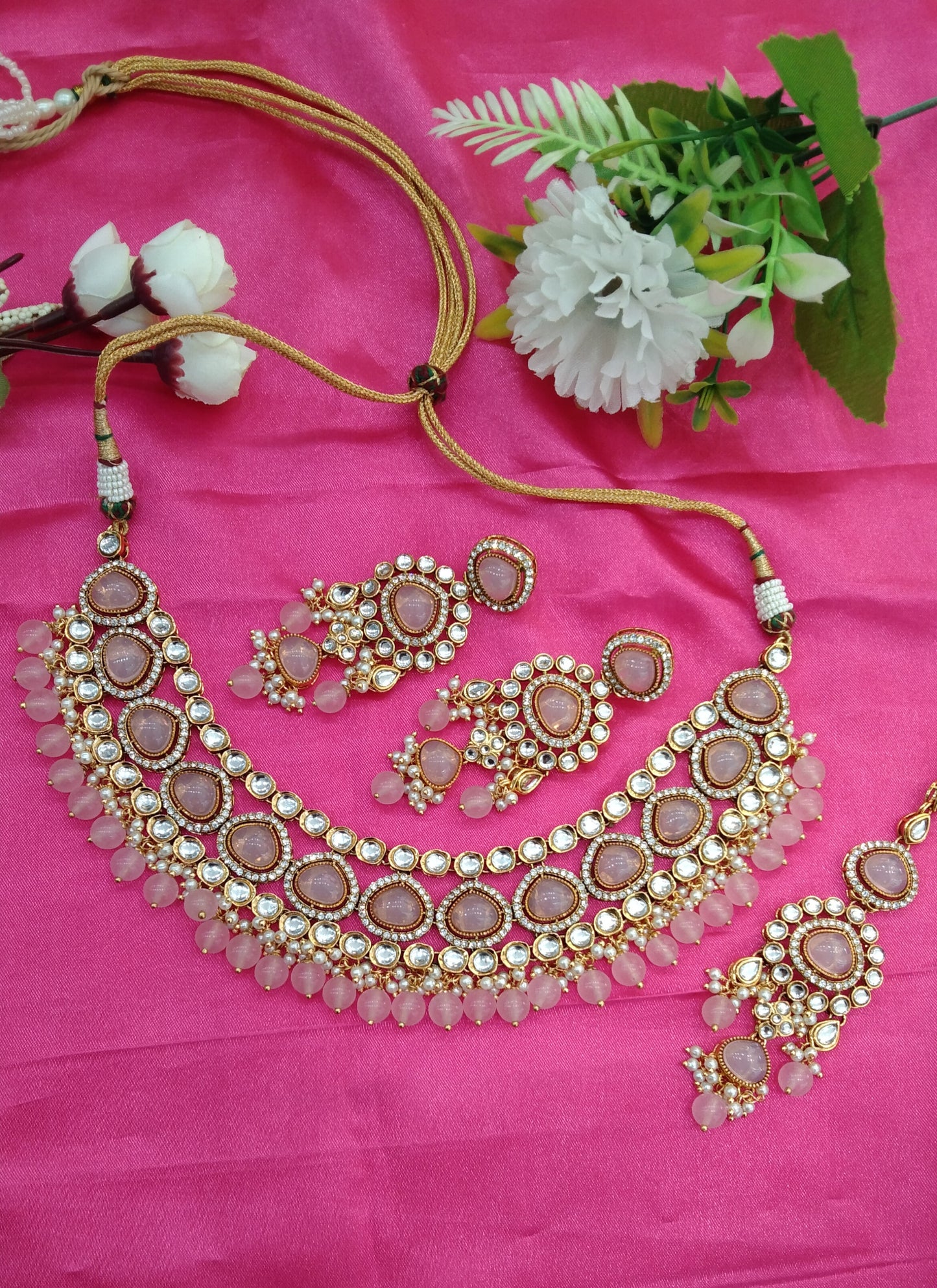 Baby Pink Kundan Necklace Jewellery ekadath Set