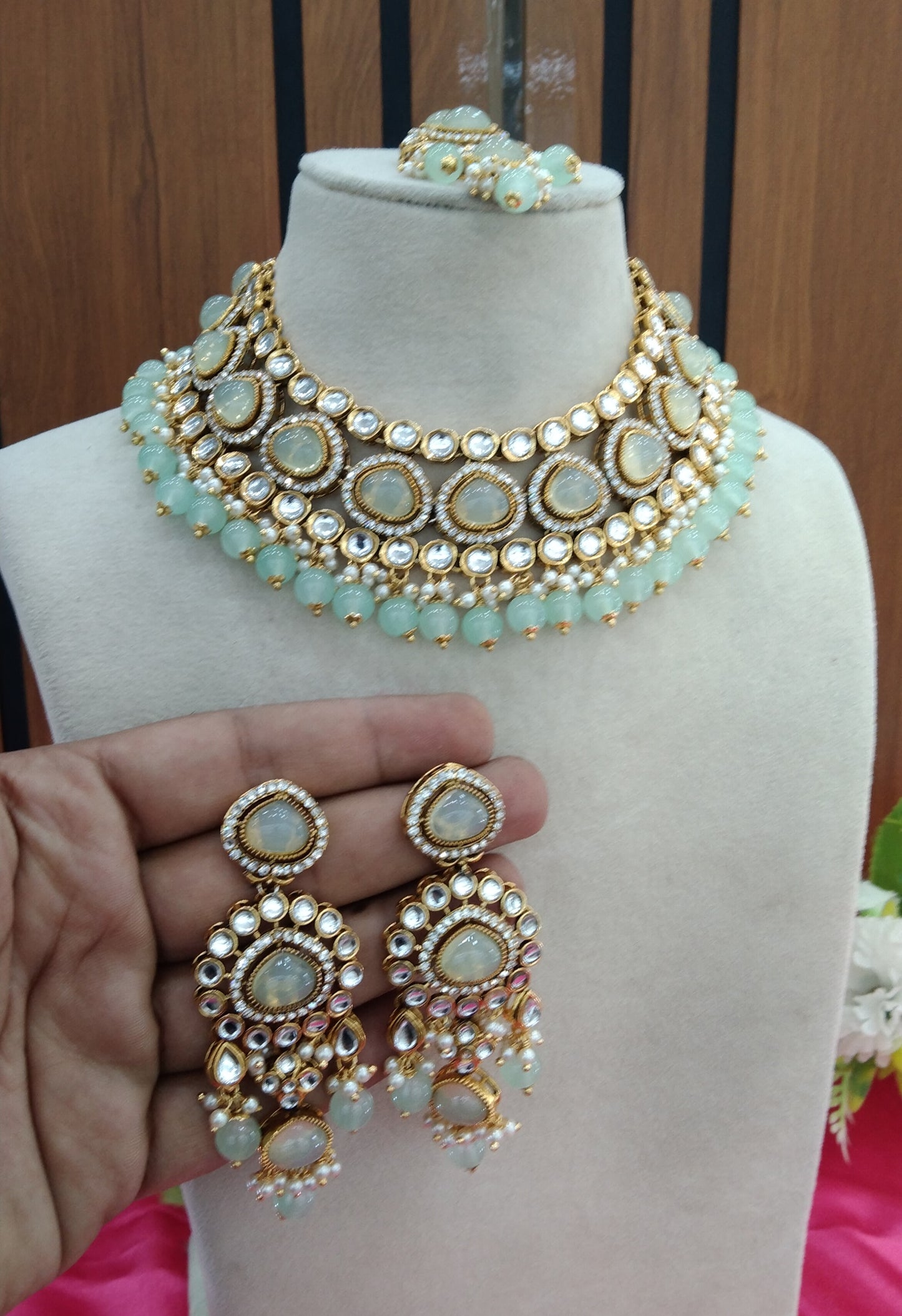 Pista Kundan Necklace Jewellery ekadath Set