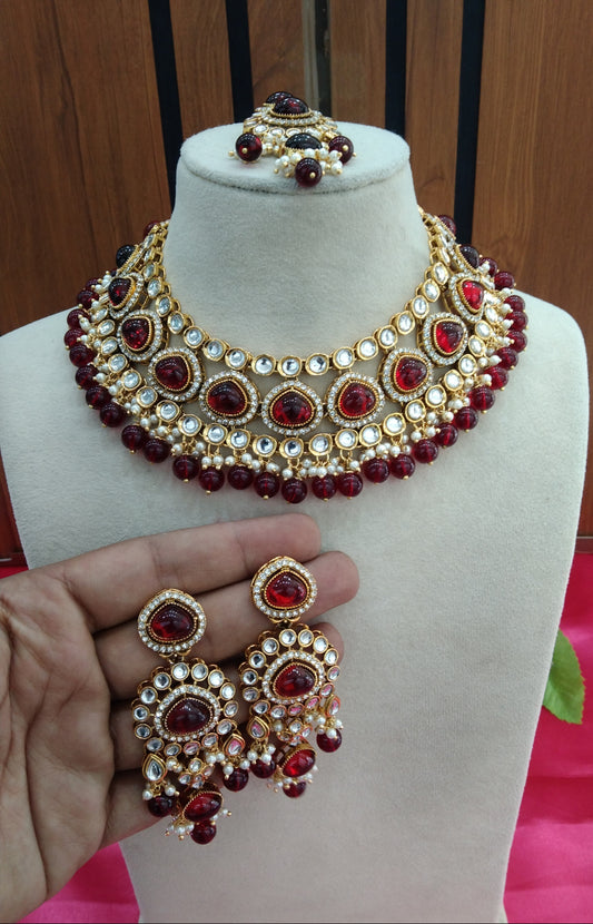 Maroon Kundan Necklace Jewellery ekadath Set