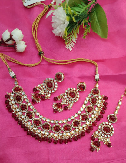 Maroon Kundan Necklace Jewellery ekadath Set