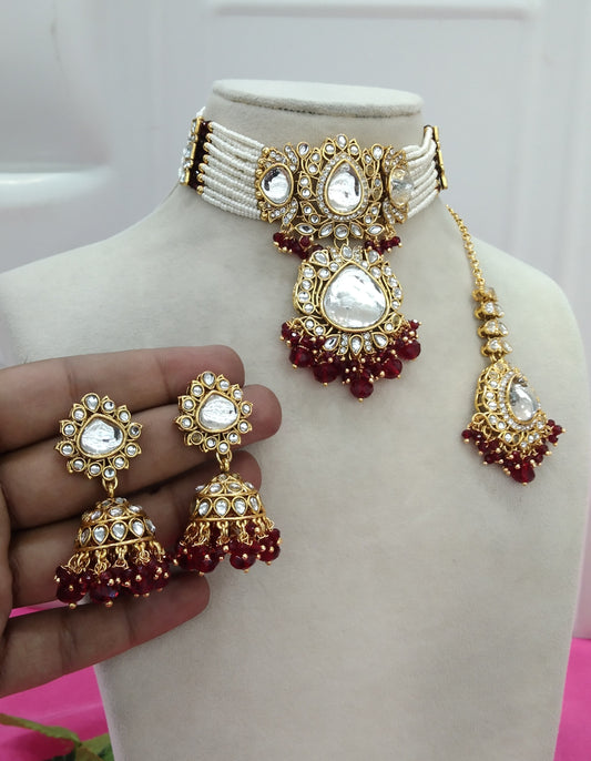 Maroon  Kundan Choker Jewellery Jesse Set