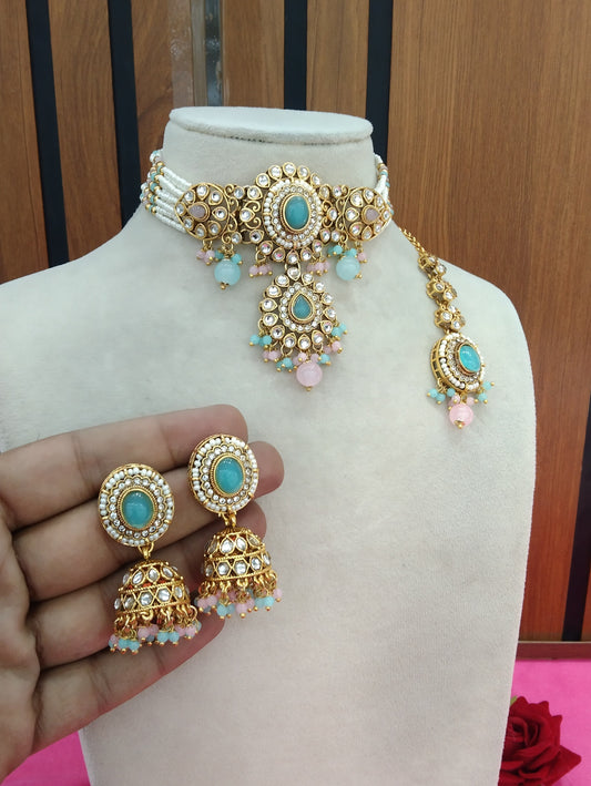 Sea Green Pink Kundan Choker Jewellery Firoh Set