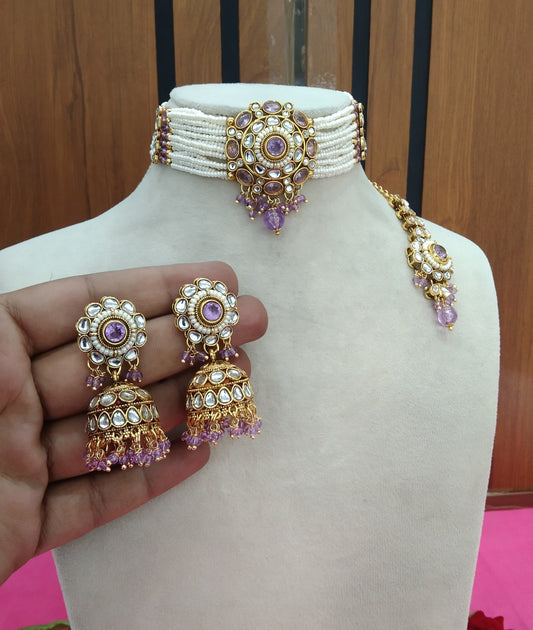 Lavander Kundan Choker Jewellery Fanish Set