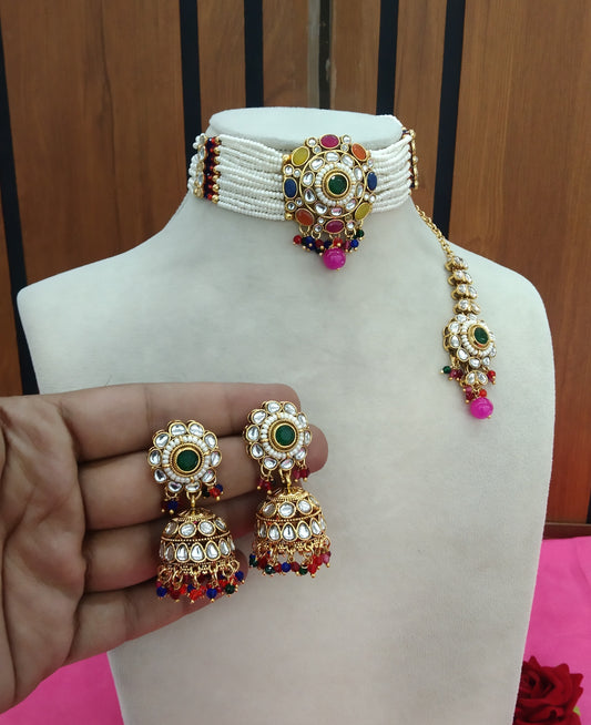 Multi Color Kundan Choker Jewellery Fanish Set