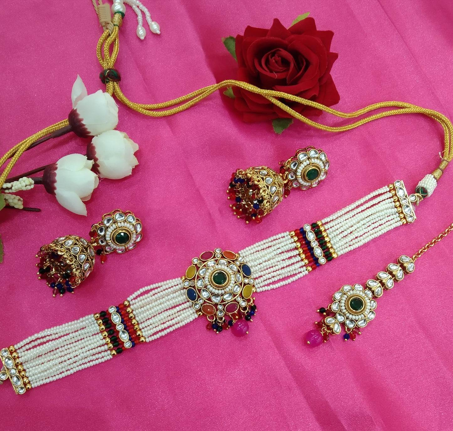 Multi Color Kundan Choker Jewellery Fanish Set