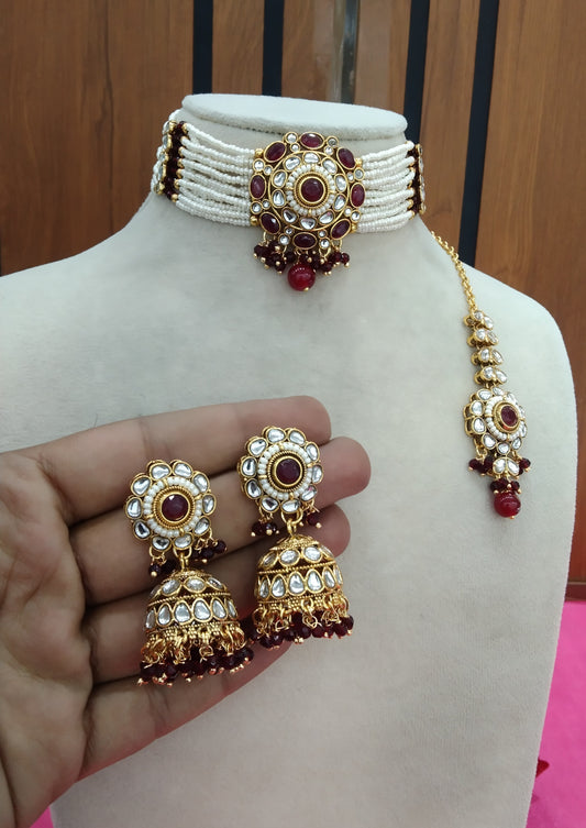 Maroon Kundan Choker Jewellery Fanish Set