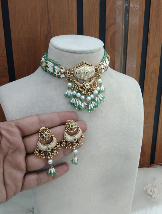 Sage Green Polki Kundan Choker Jewellery Jashan Set