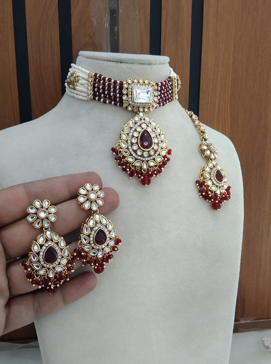 Maroon Kundan Choker Jewellery Kali Set