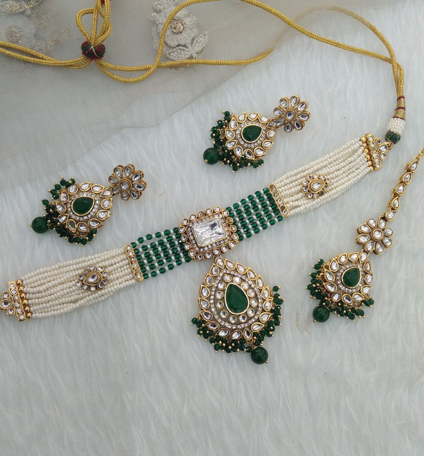 Green  Kundan Choker Jewellery Kali Set