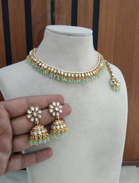 Pista Kundan Necklace Jewellery Kamal Set