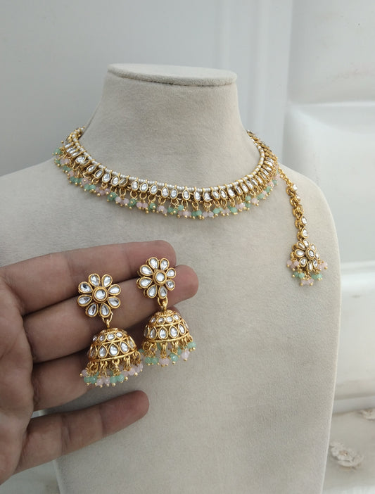 Mint Pink Kundan Necklace Jewellery Kamal Set