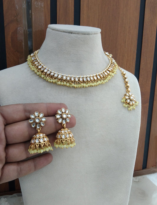 Yellow Kundan Necklace Jewellery Kani Set