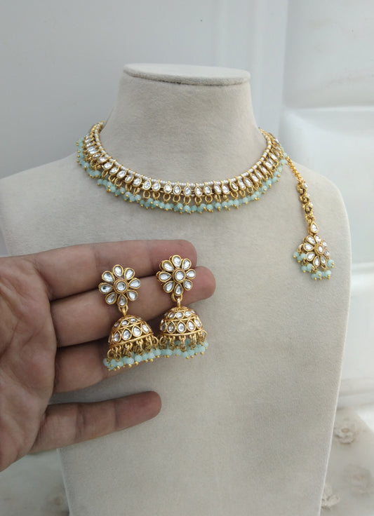 Sky Blue Kundan Necklace Jewellery Kani Set