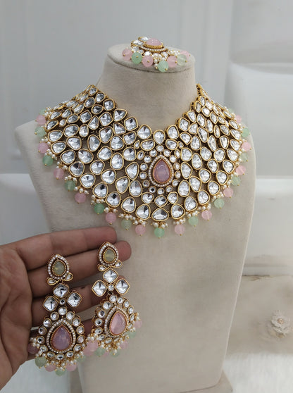 Mint Pink Bridal Necklace Jewellery Kadir Set