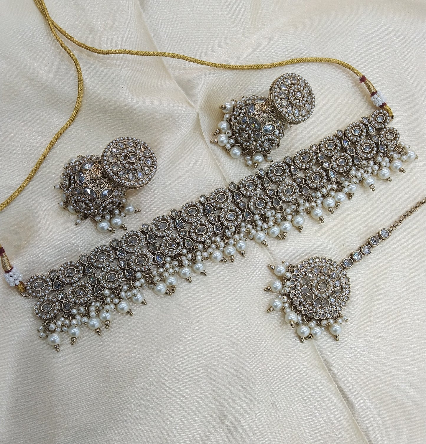 Antique Crystal White Choker Indian Mika jewellery set