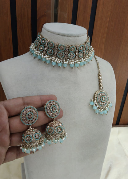 Sky Blue Choker Indian Mika jewellery set