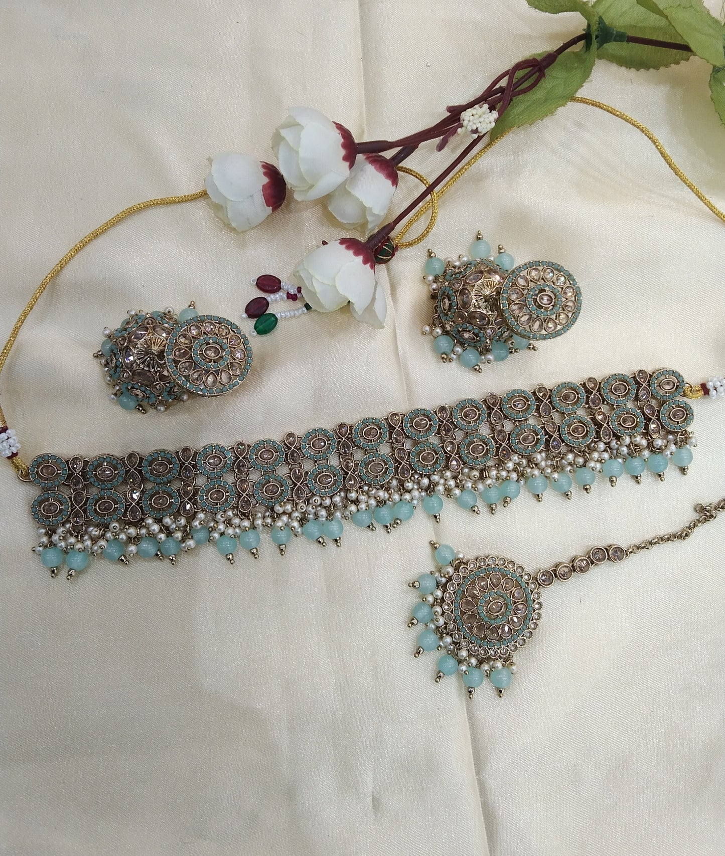 Sky Blue Choker Indian Mika jewellery set