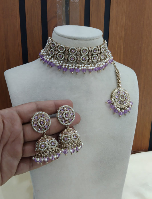 Lavender Choker Indian Mika jewellery set