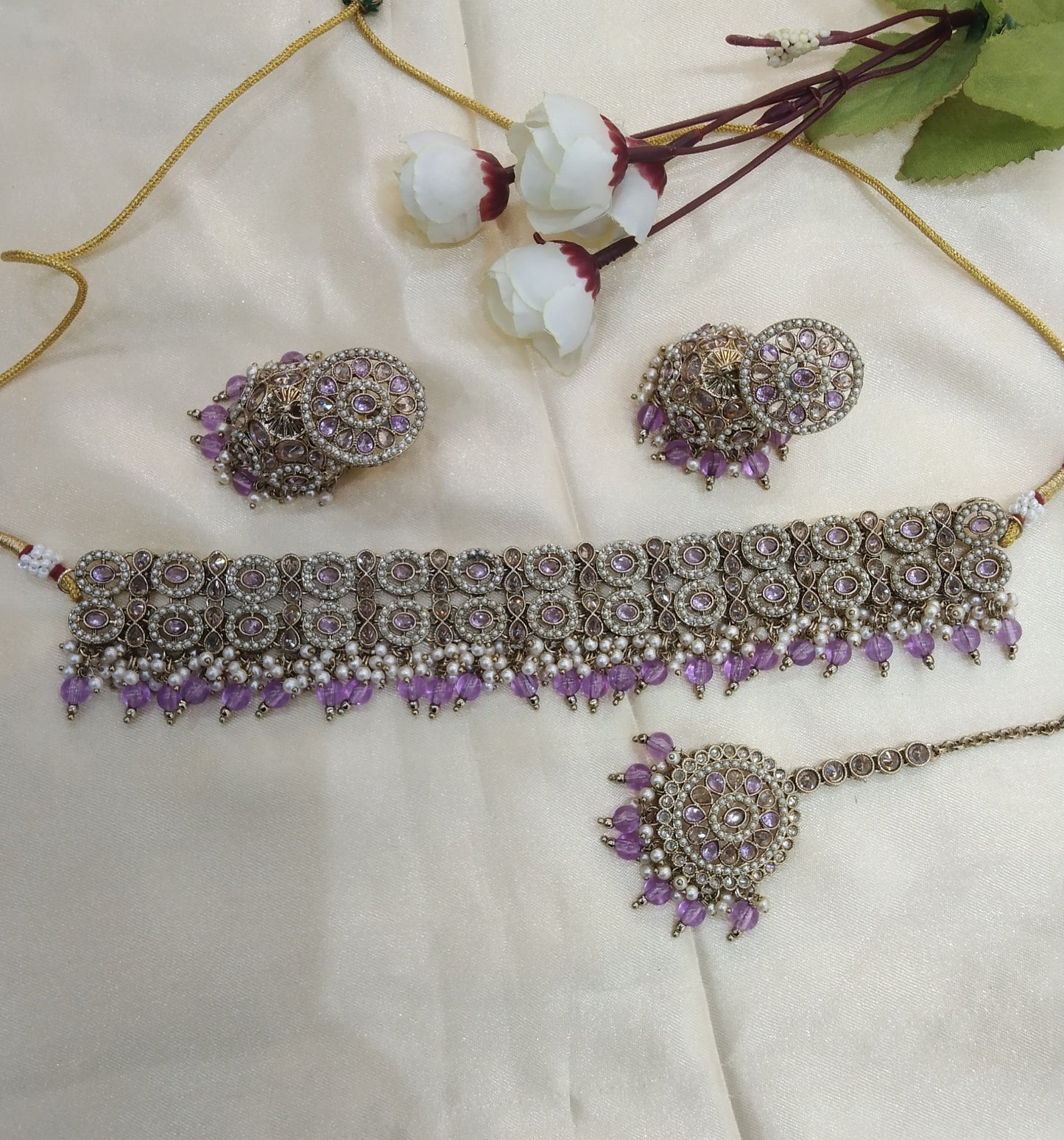 Lavender Choker Indian Mika jewellery set