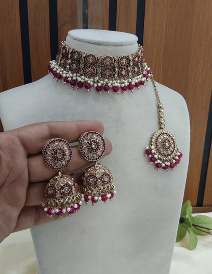 Majenta Choker Indian Mika jewellery set