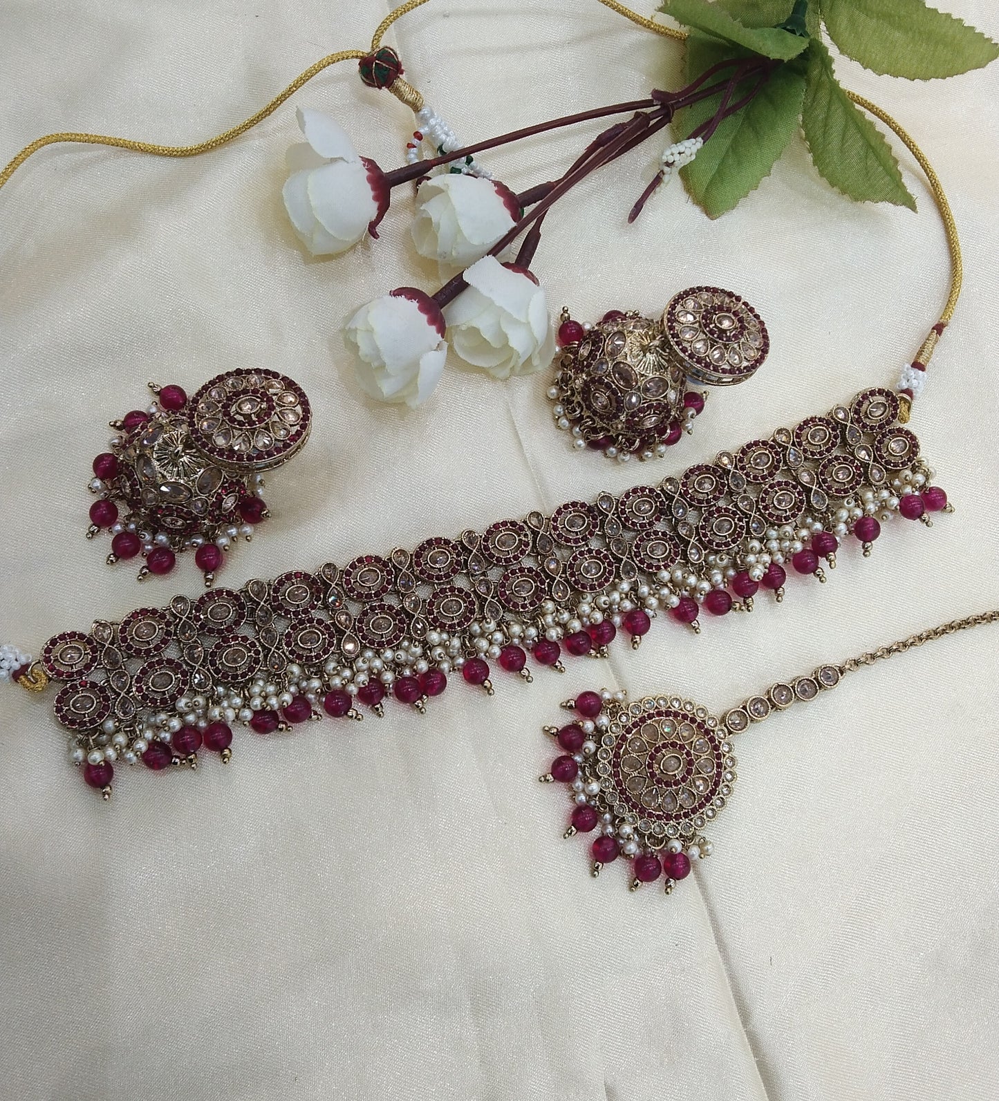 Majenta Choker Indian Mika jewellery set