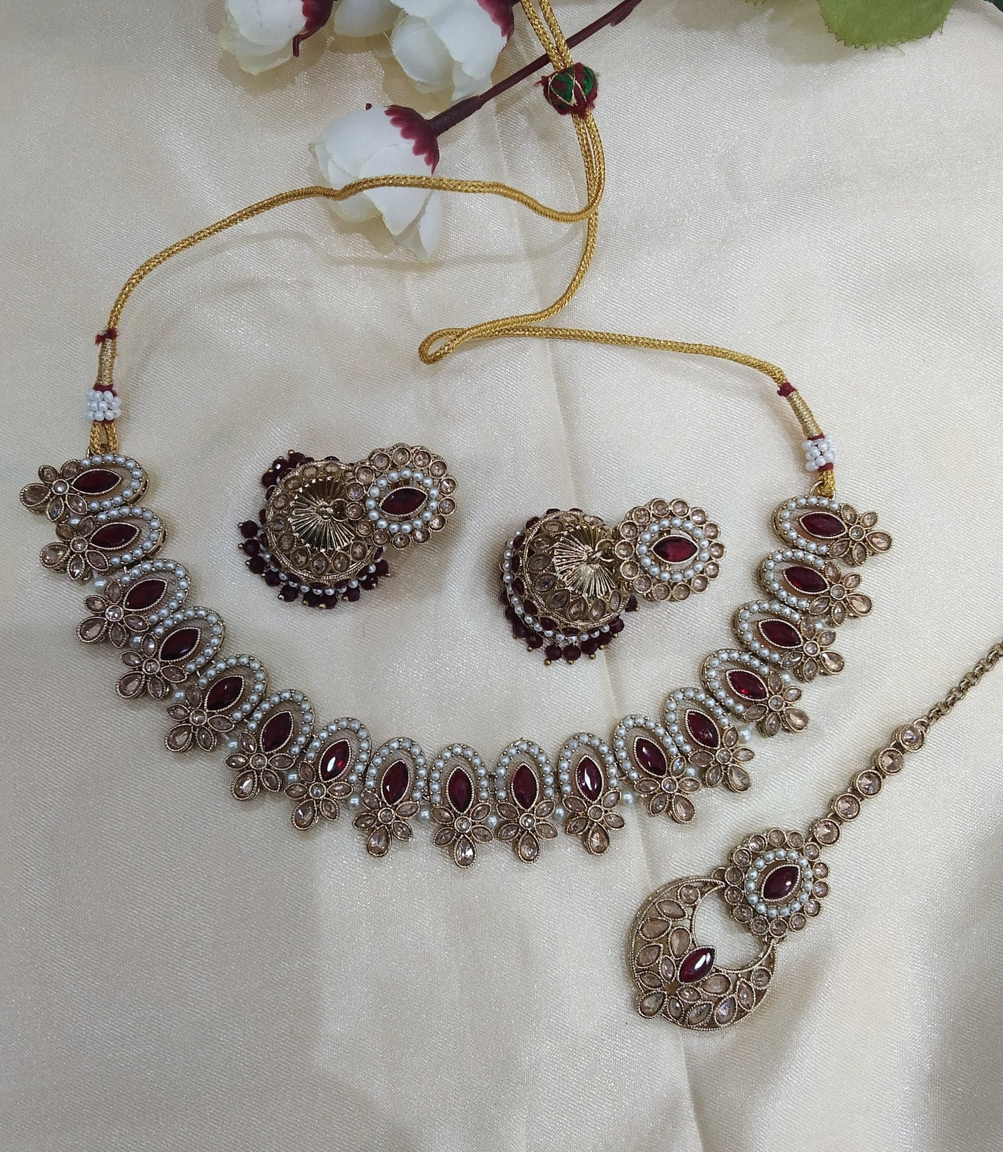 Maroon necklace Indian Mira jewellery set